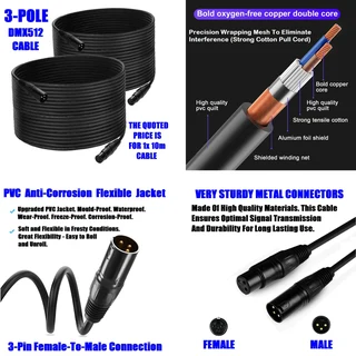 DMX512 Cable 3-Pin 10metres XLR Male Female for Audio, Sound, Visual Equipment. Brand New Products.