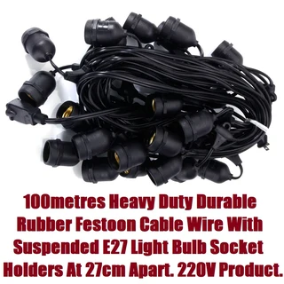100m Heavy Duty Durable Festoon Cable Wire. E27 Suspended Bulb Holders. Takes Approx 310 Bulbs. NEW
