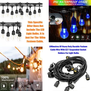 100m Heavy Duty Durable Festoon Cable Wire. E27 Suspended Bulb Holders. Takes Approx 310 Bulbs. NEW