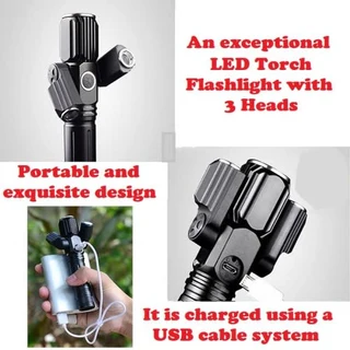 Fancy LED Torch Flashlight with 3 Heads. Fancy Portable, Rechargeable, Zoomable. Brand New Product