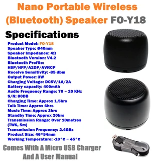 Rechargeable Nano Portable Wireless (Bluetooth) Speaker FO-Y18. Mini Portable Wireless Speaker. NEW.