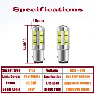 Cool White 1157 / BAY15D 16.5Watts 990lumens 33xSMD5630 LED Light Bulb, DC9~32V. Brand New Products.