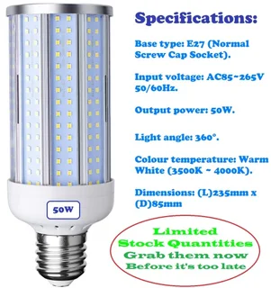 Priced To Go Special LED Corn Light Bulbs 50W 220V E27 Warm White Energy Saver. Brand New Products.
