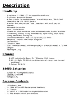 High Performance CREE LED Rechargeable Headlight. Very Bright, Reliable, Durable. Brand New Products