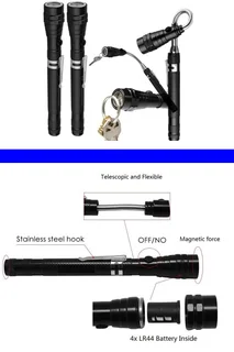 Multifunctional Magnetic Flexi-Telescopic Bendable Pick-Up-Tool LED Torches in Metallic Black. NEW.