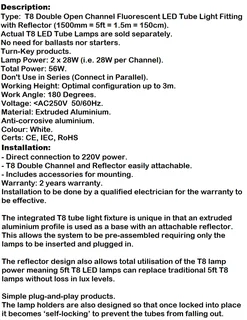 T8 Double Open Channel LED Tube Light Fitting with Reflector 1500mm 5ft 1.5m. Brand New Products.