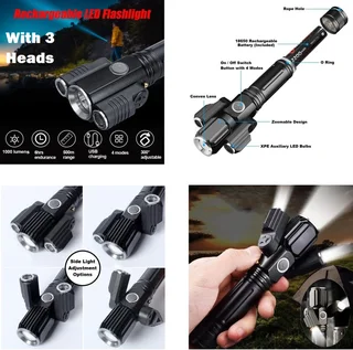 Fancy LED Torch Flashlight with 3 Heads. Novelty Portable, Rechargeable, Zoomable. Brand New Product