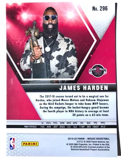 2019-2020 Panini Mosaic James Harden MVP NBA Basketball Card #296