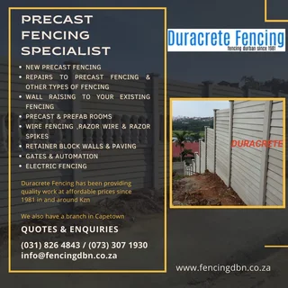 Precast fencing|Retainer walls|Gates|Automation|Razor wire|Razor spikes|Concrete floors|Paving
