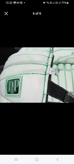 Pull along cricket kit bag with cricket items including set of DP pads and cricket bat