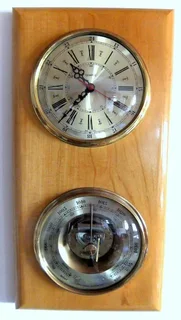 Barometer and Clock in Solid Brass on Wood board Ø 175mm H16mm Overall L 49 x W 24.5 x H 5.2cm kg 3