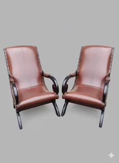 2 x genuine leather teakwood plantation arm chairs