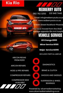 Kia Rio service and repairs -Aircon regas from R200