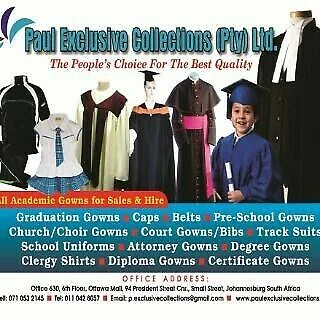 Graduation attires, hats, belts, sashes, court gowns, clergy shirts and collars, clergy robes... Etc
