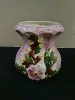 Vintage porcelain pot planter pink floral glazed