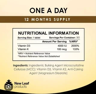 New Leaf Vitamin D3 &amp; K2 4000iu 12 Months Supply