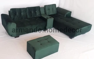 New grey velvet corner couch with cupholders