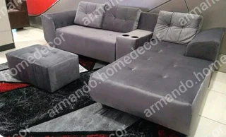 New grey velvet corner couch with cupholders