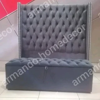 New grey velvet winged headboard with studs
