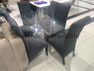 New grey velvet dining set with glass table