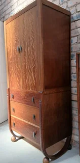 Art Deco tiger oak tall boy cupboard, chest of drawers.