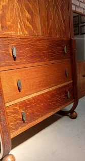 Art Deco tiger oak tall boy cupboard, chest of drawers.