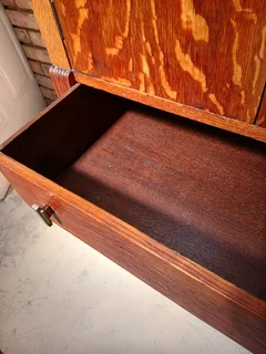 Art Deco tiger oak tall boy cupboard, chest of drawers.
