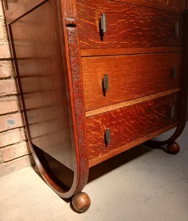 Art Deco tiger oak tall boy cupboard, chest of drawers.