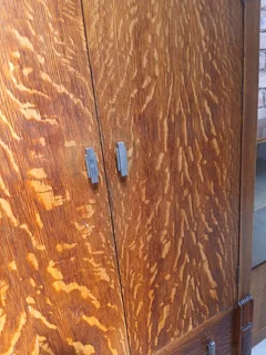 Art Deco tiger oak tall boy cupboard, chest of drawers.