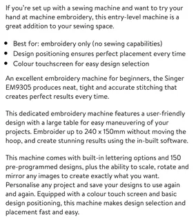 Singer EM9305 Embroidery Machine
