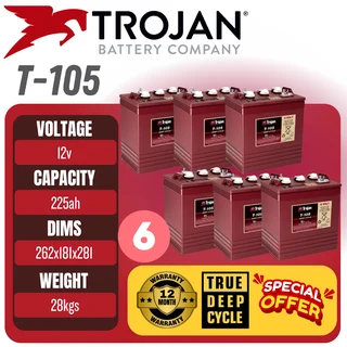Trojan T105 6V 225Ah Deep Cycle Golf Cart Battery x 6