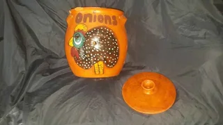 Pair of large Potatoes and Onion terracotta storage containers with lids