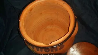 Pair of large Potatoes and Onion terracotta storage containers with lids