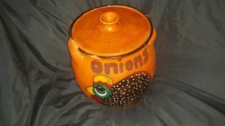 Pair of large Potatoes and Onion terracotta storage containers with lids