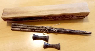 Hand Crafted 2 pairs of Boxed Thai Coco Palm Wood Chopsticks with rests (Reusable)