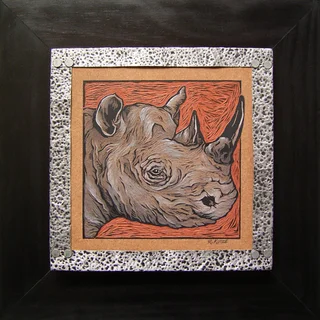 3 Original Coloured Woodcut Block Wildlife Artworks of African Rhino/Leopard/Buffalo by SA Artist