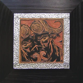 2 Unique, Original Woodcut Block Wildlife Artworks of African Buffalo and Baboon by SA Artist