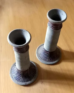 Pair of Handmade Ethnic Stoneware Candlesticks