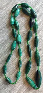 VTG 70/80s Genuine Handmade Natural African Malachite 41 cm Long Necklace - Elongated Beads (144g)