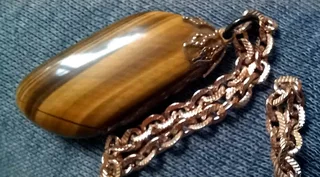 Genuine Natural Tigers Eye Stone on gold tone metal Chain Necklace