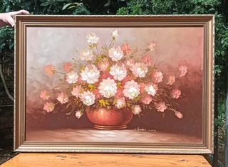 Robert Cox!! (1934-2001) Pink Rose Floral Bouquet Original Oil Painting (99cm W 69cm H)