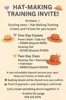 Hatmaking Training coming to you wherever you are and Hats for Sale