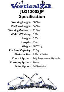 VerticalZA Cherry Picker JLG1200SJP – 38.73m Boom Lift, TELESCOPIC Manlift