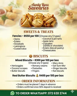 Aunty Bees Savouries, samoosas, pies, pizzas,  platters,  fancies and cakes