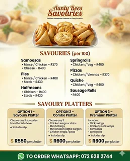 Aunty Bees Savouries, samoosas, pies, pizzas,  platters,  fancies and cakes