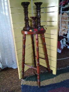Wooden Tall Turned Table Stand With Three Wooden Candle Holders For Sale At Seaview/bellair
