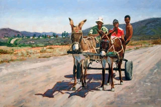 Original oil painting of donkey cart in Karoo