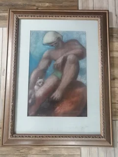 Original framed artwork of youth with dog, pastel on paper