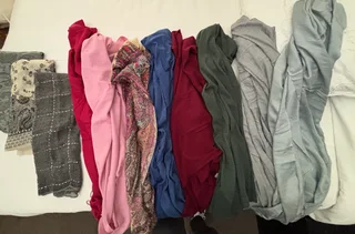 Scarves, Pashminas;  elegant evening wraps; embroidered throw;  Wool,  Silk; cotton.  11 in total