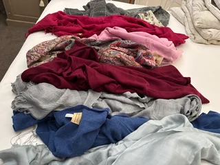 Scarves, Pashminas;  elegant evening wraps; embroidered throw;  Wool,  Silk; cotton.  11 in total